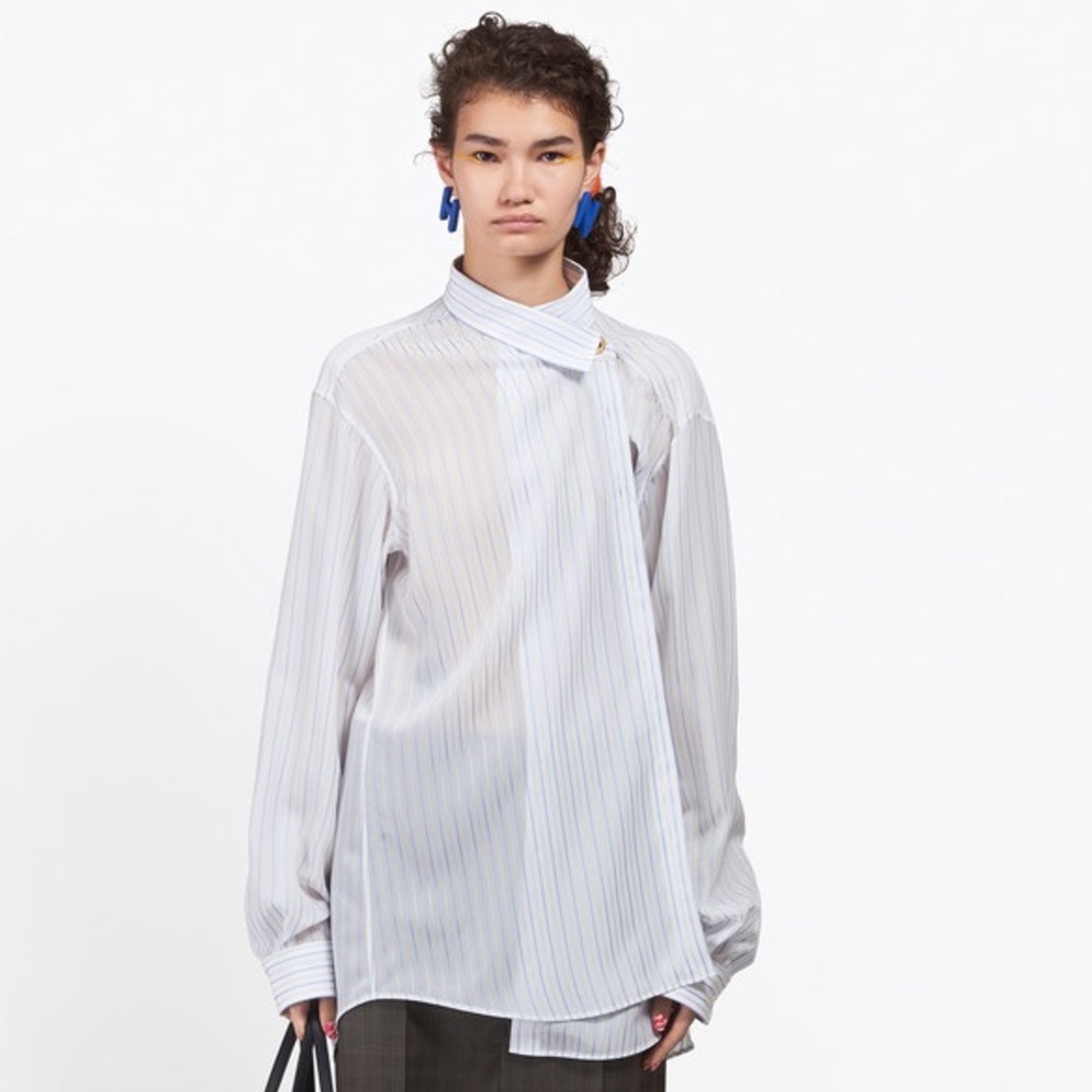 balenciaga white baby blue pulled shirt